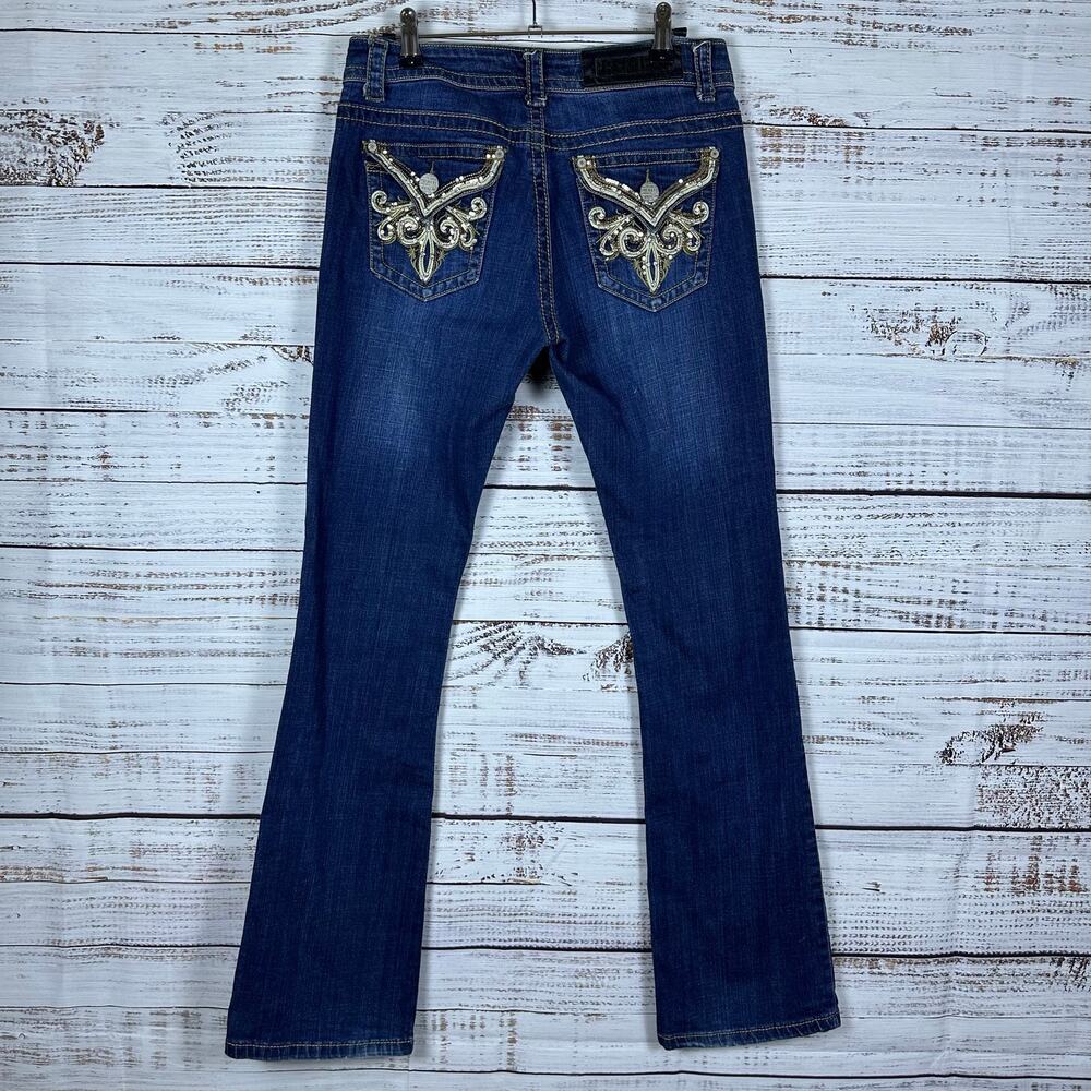 Womens Rue 21 Premier Bootcut Denim Jeans Gold Sequin Embellished Size 7/8 30x32
